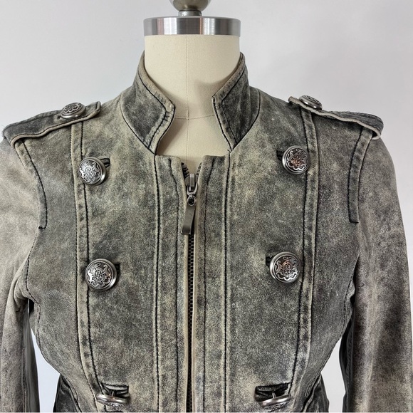 ASO Hannah Montana Miley Cyrus Gray Distressed Leather Military Jacket XS - Picture 5 of 14